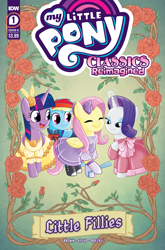 Size: 2063x3131 | Tagged: safe, artist:agnes garbowska, idw, official comic, fluttershy, rainbow dash, rarity, twilight sparkle, alicorn, pegasus, pony, unicorn, g4, my little pony classics reimagined: little fillies, official, spoiler:comic, anniversary, bowtie, clothes, comic cover, cover, cover art, cute, dashabetes, dress, eyes closed, eyeshadow, female, flower, gloves, glowing, glowing horn, high res, horn, little women, magic, makeup, mare, my little pony logo