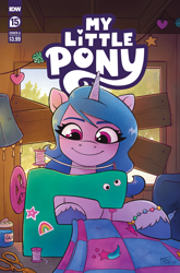 Size: 2063x3131 | Tagged: safe, artist:robin easter, idw, official comic, izzy moonbow, pony, unicorn, g5, official, spoiler:comic, spoiler:g5, spoiler:g5comic, spoiler:g5comic15, blanket, coat markings, comic cover, cover, cover art, female, googly eyes, high res, horn, mare, my little pony logo, scissors, sewing, sewing machine, signature, solo