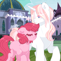 Size: 2048x2048 | Tagged: safe, artist:gepicgenn, oc, oc only, oc:cherry jujube, oc:prince éclaire, earth pony, pony, unicorn, duo, duo male and female, female, freckles, height difference, horn, male, mare, next generation, oc x oc, offspring, offspring shipping, outdoors, parent:big macintosh, parent:fleur-de-lis, parent:fluttershy, parent:prince blueblood, parents:fleur-de-blueblood, parents:fluttermac, screencap background, shipping, stallion, straight