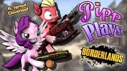 Size: 1920x1080 | Tagged: safe, artist:pika-robo, pipp petals, sprout cloverleaf, earth pony, pegasus, pony, series:pipp plays, g4, g5, 3d, borderlands, duo, fake thumbnail, female, g5 to g4, gamer pipp, gaming headset, generation leap, grin, gun, headset, let's play, male, mare, outdoors, smiling, source filmmaker, spread wings, stallion, weapon, wings, youtube thumbnail