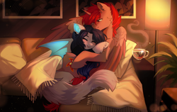 Size: 5000x3167 | Tagged: safe, artist:tyutya, oc, oc:hardy, alicorn, bat pony, pony, blanket, blushing, couch, cup, duo, ear fluff, female, fluffy tail, high res, hug, indoors, male, mare, oc x oc, shipping, smiling, spread wings, stallion, straight, tail, teacup, wings