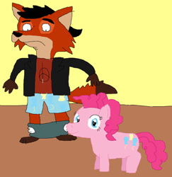 Size: 881x907 | Tagged: safe, artist:darwinfan2000, pinkie pie, oc, oc:kit knightwood, fox, anthro, g4, clothes, female, furry, male, pants, pants down