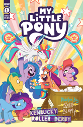 Size: 2063x3131 | Tagged: safe, artist:trish forstner, idw, official comic, hitch trailblazer, izzy moonbow, misty brightdawn, pipp petals, sunny starscout, zipp storm, earth pony, pegasus, pony, unicorn, g5, kenbucky roller derby #1, my little pony: kenbucky roller derby, my little pony: tell your tale, official, spoiler:g5, adorapipp, blowing whistle, coach pipp petals, coaching cap, comic cover, cover, cover art, cute, female, high res, horn, male, mane five, mane six (g5), mane stripe sunny, mare, my little pony logo, pipp's whistle, rebirth misty, smiling, stallion, whistle, whistle necklace