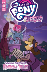 Size: 2063x3131 | Tagged: safe, artist:jenna ayoub, idw, official comic, cheese sandwich, pinkie pie, earth pony, pony, g4, official, comic cover, cover, cover art, female, high res, male, my little pony classics reimagined: romeo and juliet, my little pony logo, romeo and juliet, ship:cheesepie, shipping, stallion, straight