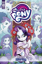 Size: 2063x3131 | Tagged: safe, artist:brenda hickey, idw, official comic, rarity, crystal pony, human, pony, seapony (g4), unicorn, series:best of my little pony, g4, official, beautiful, clothes, comic cover, cover, cover art, crystal rarity, crystallized, cutie mark magic, dorsal fin, eyeshadow, female, filly, filly rarity, fin, fish tail, floral head wreath, flower, flowing mane, flowing tail, foal, high res, horn, hydrangea, lidded eyes, makeup, mare, my little pony logo, older, older rarity, rainbow power, rainbow power-ified, seaponified, seapony rarity, species swap, swimming, tail, toga, younger