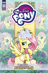 Size: 2063x3131 | Tagged: safe, artist:brenda hickey, idw, official comic, fluttershy, human, pegasus, pony, seapony (g4), series:best of my little pony, g4, official, bluebell (flower), clothes, comic cover, cover, cover art, dorsal fin, female, filly, filly fluttershy, fin, fin wings, fins, fish tail, floral head wreath, flower, flowing mane, flowing tail, foal, high res, my little pony logo, older, older fluttershy, rainbow power, rainbow power-ified, seaponified, seapony fluttershy, species swap, tail, toga, wings, younger