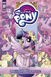 Size: 2063x3131 | Tagged: safe, artist:brenda hickey, idw, official comic, twilight sparkle, alicorn, human, pony, seapony (g4), unicorn, series:best of my little pony, equestria girls, g4, official, beautiful, blank flank, clothes, comic cover, cover, cover art, crown, crystallized, dress, ethereal mane, female, filly, filly twilight sparkle, flower, foal, high res, horn, iris (flower), jewelry, mare, multeity, my little pony logo, older, older twilight, older twilight sparkle (alicorn), princess twilight 2.0, rainbow power, regalia, seaponified, seapony twilight, solo, sparkle sparkle sparkle, species swap, spread wings, toga, twilight sparkle (alicorn), unicorn twilight, wings, younger