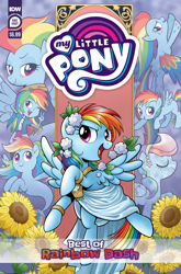 Size: 2063x3131 | Tagged: safe, artist:brenda hickey, idw, official comic, rainbow dash, human, pegasus, pony, seapony (g4), series:best of my little pony, equestria girls, g4, official, blank flank, clothes, comic cover, cover, cover art, crystallized, dashstorm, female, filly, filly rainbow dash, flower, foal, high res, mare, multeity, my little pony logo, older, older rainbow dash, rainbow dash always dresses in style, rainbow power, seaponified, seapony rainbow dash, solo, species swap, spread wings, sunflower, toga, wings, younger