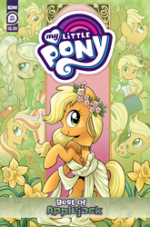 Size: 2063x3131 | Tagged: safe, artist:brenda hickey, idw, official comic, applejack, crystal pony, earth pony, human, pony, seapony (g4), series:best of my little pony, equestria girls, g4, my little pony: the movie, official, applejack's hat, blank flank, braid, clothes, comic cover, cover, cover art, cowboy hat, crystallized, daffodil, female, filly, filly applejack, flower, foal, freckles, hat, high res, mare, my little pony logo, older, older applejack, plum blossom, rainbow power, rainbow power-ified, seaponified, seapony applejack, species swap, toga, younger