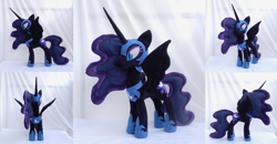 Size: 4267x2216 | Tagged: safe, artist:azdaracylius, nightmare moon, pony, g4, concave belly, female, helmet, hoof shoes, horn, irl, long horn, mare, peytral, photo, plushie, princess shoes, slender, solo, thin