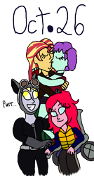 Size: 1610x3000 | Tagged: safe, artist:bigpurplemuppet99, blueberry pie, derpy hooves, raspberry fluff, sunset shimmer, equestria girls, g4, catwoman, dc comics, female, kissing, lesbian, simple background, the muffins, transparent background