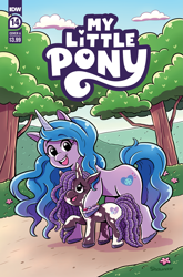 Size: 2063x3131 | Tagged: safe, artist:shauna j. grant, idw, official comic, izzy moonbow, violette rainbow, pony, unicorn, g5, official, spoiler:comic, spoiler:g5, spoiler:g5comic, spoiler:g5comic14, bracelet, coat markings, comic cover, cover, cover art, cute, dreadlocks, duo, duo female, eyebrows, eyebrows visible through hair, female, filly, flower, foal, friendship bracelet, high res, horn, jewelry, mare, my little pony logo, open mouth, open smile, pinto, smiling, tree, unshorn fetlocks, vitiligo