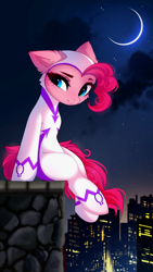 Size: 2250x4000 | Tagged: safe, artist:empress-twilight, fili-second, pinkie pie, earth pony, pony, g4, bodysuit, city, clothes, commission, commissioner:loonex, female, floppy ears, high res, looking at you, mare, moon, night, outdoors, ponies sitting like humans, power ponies, round belly, sitting, skyscraper, solo, superhero costume, ych result