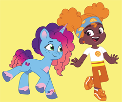 Size: 1903x1600 | Tagged: source needed, safe, artist:prixy05, misty brightdawn, human, pony, unicorn, g4, g5, my little pony: tell your tale, bahia watson, crossover, duo, duo female, female, horn, human and pony, mare, orange blossom (strawberry shortcake), rebirth misty, simple background, strawberry shortcake, strawberry shortcake berry in the big city, unitober 2024, voice actor joke, yellow background