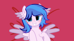 Size: 1280x720 | Tagged: safe, oc, oc only, pegasus, pony, awkward, awkward smile, blushing, female, lying down, raised hoof, simple background, smiling, spread your wings, sultry pose