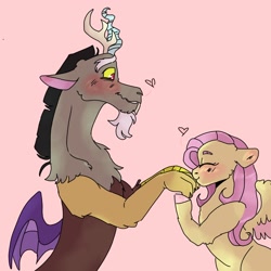 Size: 1280x1280 | Tagged: safe, artist:cocolove2176, discord, fluttershy, g4, blushing, duo, duo male and female, female, hand kiss, heart, male, pink background, purple wings, ship:discoshy, shipping, simple background, straight, teary eyes, wings