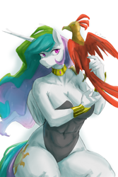 Size: 3000x4500 | Tagged: safe, alternate version, artist:cirtierest, philomena, princess celestia, alicorn, bird, anthro, g4, belly, belly button, breasts, clothes, female, folded wings, hips, horn, mane, tail, wings