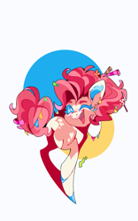 Size: 1191x1914 | Tagged: safe, artist:rr29578979, pinkie pie, earth pony, pony, g4, ;d, blaze (coat marking), blue eyelashes, blue sclera, candy, clothes, coat markings, colored eartips, colored eyelashes, colored hooves, colored pinnae, colored sclera, confetti in mane, ear piercing, earring, facial markings, female, food, hairclip, hooves, jewelry, lollipop, mare, older, older pinkie pie, one eye closed, open mouth, open smile, piercing, pinto, raised hoof, simple background, smiling, socks, solo, white background, white pupils, wink