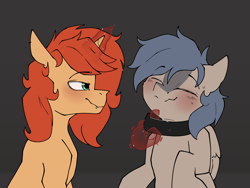 Size: 1776x1338 | Tagged: safe, artist:luxsimx, oc, oc only, oc:flaming arrow, oc:phase noise, pegasus, pony, unicorn, blushing, collar, duo, eyes closed, fangs, hand, horn, magic, magic hands, sweat