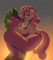 Size: 1280x1439 | Tagged: safe, artist:bearmation, spike, sweetie belle, dragon, pony, unicorn, g4, adult, adult spike, boop, cute, diasweetes, duo, duo male and female, eye contact, female, gigachad spike, horn, imminent kissing, lidded eyes, looking at each other, looking at someone, male, mare, missing wing, older, older spike, older sweetie belle, rain, ship:spikebelle, shipping, spikabetes, standing in the rain, straight, wet, wet mane, wingless, wingless spike