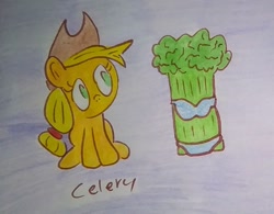 Size: 1640x1278 | Tagged: safe, artist:dex stewart, applejack, earth pony, pony, friendship is gic, g4, bikini, celery, clothes, solo, swimsuit, traditional art, youtube poop