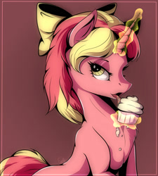 Size: 1800x2000 | Tagged: safe, artist:evehly, oc, oc only, oc:starberry cupcake, pony, unicorn, 2014, bedroom eyes, bow, chest fluff, cupcake, female, food, frosting, hair bow, horn, licking, magic, mare, messy eating, solo, telekinesis, tongue out