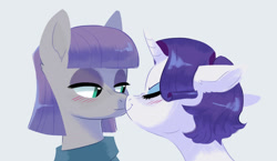 Size: 1623x941 | Tagged: safe, artist:kianamai, maud pie, rarity, earth pony, pony, unicorn, kilalaverse ii, g4, alternate hairstyle, blushing, boop, cute, eyes closed, featured image, female, horn, lesbian, mare, maudabetes, nose wrinkle, noseboop, nuzzling, raribetes, ship:rarimaud, shipping, short hair, simple background, smiling, when she smiles, white background