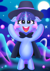 Size: 2480x3508 | Tagged: safe, artist:leonkay, oc, oc only, oc:flawless sparklemoon, pony, unicorn, my little pony the movie: the death of twilight sparkle, cape, clothes, female, filly, foal, fusion, fusion:trixie, fusion:twilight sparkle, fusion:twixie, hat, horn, outdoors, solo