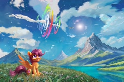 Size: 4096x2731 | Tagged: safe, artist:allegrenix, rainbow dash, scootaloo, pegasus, pony, g4, cloud, duo, duo female, female, flying, grass, mare, mountain, outdoors, scenery, sitting, sky, smiling, solo focus, sonic rainboom, spread wings, the cmc's cutie marks, wallpaper, wings