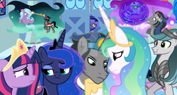 Size: 1280x692 | Tagged: safe, artist:velveagicsentryyt, king sombra, princess celestia, princess luna, radiant hope, twilight sparkle, oc, oc:batty, oc:eclipse sparkle, oc:jade, alicorn, hybrid, pony, g4, good king sombra, interspecies offspring, offspring, parent:discord, parent:king sombra, parent:princess celestia, parent:twilight sparkle, parents:celestibra, parents:discolight, twilight sparkle (alicorn)