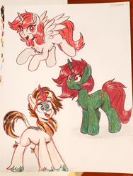 Size: 3024x4032 | Tagged: safe, artist:dandy, oc, oc only, oc:aero glade, alicorn, kirin, pony, unicorn, alicorn oc, chest fluff, cloven hooves, colored pencil drawing, ear fluff, flying, horn, kirin oc, open mouth, open smile, photo, simple background, smiling, traditional art, unicorn oc, white background, wings