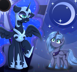 Size: 1500x1400 | Tagged: safe, artist:門久, nightmare moon, princess luna, alicorn, pony, mlp fim's fourteenth anniversary, g4, female, filly, filly luna, looking at each other, looking at someone, teary eyes, woona, younger