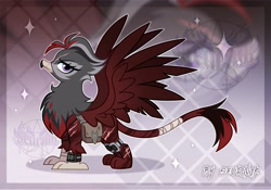 Size: 2560x1790 | Tagged: safe, artist:seurnik, oc, oc only, oc:ella bagrovaya, griffon, fallout equestria, adoptable, bags, customized toy, dark red body, female, gray feathers, irl, photo, purple eyes, red body, red feathers, scar, solo, toy