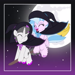 Size: 4096x4096 | Tagged: safe, artist:jhayarr23, silverstream, oc, oc:haze rad, hippogriff, unicorn, g4, absurd resolution, beak, broom, canon x oc, cape, clothes, commission, costume, duo, duo male and female, eyelashes, eyes closed, female, flying, flying broomstick, halloween, halloween costume, happy, hat, horn, male, moon, open mouth, outdoors, smiling, stallion, stars, unicorn oc, unshorn fetlocks, witch hat, ych result