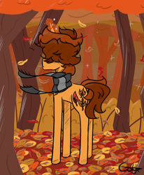 Size: 1754x2132 | Tagged: safe, artist:gotyx96, oc, oc only, oc:autumn falls, pony, unicorn, autumn, blue eyes, brown mane, clothes, forest, horn, leaves, magic, male, nature, orange coat, outdoors, scarf, solo, stallion, striped scarf, tail, tree, two toned mane, two toned tail