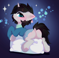 Size: 3800x3772 | Tagged: safe, alternate character, alternate version, artist:empress-twilight, oc, oc only, oc:cyan delta, pony, unicorn, :p, blushing, butt, clothes, commission, dock, ear fluff, eyebrows, eyebrows visible through hair, female, fluffy, gradient background, hoodie, horn, leg fluff, looking back, lying down, mare, pillow, plot, prone, raised tail, rule 63, scarf, skirt, smiling, solo, sparkles, tail, tongue out, underhoof, unicorn oc, ych result