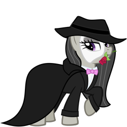 Size: 1406x1406 | Tagged: safe, artist:the smiling pony, octavia melody, earth pony, pony, mlp fim's fourteenth anniversary, g4, .svg available, bowtie, cape, clothes, costume, flower, flower in mouth, hat, lidded eyes, looking at you, mask, mouth hold, nightmare night costume, phantom of the opera, raised hoof, rose, rose in mouth, simple background, smiling, solo, transparent background, tuxedo, vector