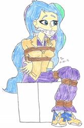 Size: 1404x2129 | Tagged: safe, artist:godzilla713, princess celestia, principal celestia, human, equestria girls, g4, bondage, bound and gagged, cloth gag, drawing, fanart, female, gag, humanized, solo