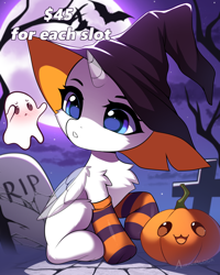 Size: 1406x1754 | Tagged: safe, artist:airiniblock, bat, ghost, undead, chest fluff, clothes, commission, cute, gravestone, halloween, hat, holiday, not rarity, outdoors, pumpkin, socks, striped socks, tree, witch hat, your character here