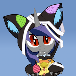 Size: 720x720 | Tagged: safe, artist:ghostpikachu, oc, oc only, oc:dreaming star, bat pony, bat pony unicorn, hybrid, pony, unicorn, g4, :3, base used, cat ears, catsuit, claws, clothes, collar, costume, cute, ear fluff, fangs, hoodie, horn, kigurumi, looking at you, ocbetes, red eyes, simple background, solo, spiked collar