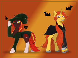 Size: 1600x1200 | Tagged: safe, artist:thatsbadboi, oc, oc only, oc:honey choco, oc:honey wine, pony, undead, unicorn, vampire, clothes, costume, duo, gradient background, halloween, halloween costume, hat, holiday, horn, vampire costume, witch, witch hat