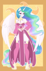 Size: 1650x2550 | Tagged: safe, artist:inkkeystudios, princess celestia, alicorn, anthro, unguligrade anthro, g4, clothes, cutie mark background, ethereal hair, ethereal mane, ethereal tail, female, horn, off shoulder, passepartout, ponytober, smug, solo, stockings, tail, thigh highs, wings