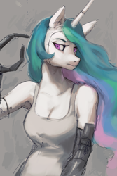 Size: 1672x2507 | Tagged: safe, artist:4rceus, princess celestia, cyborg, anthro, g4, amputee, breasts, cleavage, clothes, cybernetic arm, female, prosthetic arm, prosthetic limb, prosthetics, solo, tank top