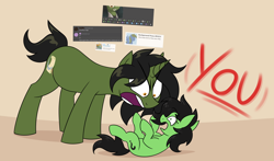 Size: 2220x1304 | Tagged: safe, artist:moonatik, oc, oc only, oc:filly anon, oc:grim fate, earth pony, pony, unicorn, derpibooru, (you), angry, discord (program), duo, earth pony oc, female, filly, foal, horn, mare, meta, mistaken identity, unicorn oc