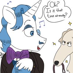 Size: 1280x1280 | Tagged: safe, artist:fancytreats, fancypants, dog, unicorn, g4, borzoi, bowtie, colored sketch, digital art, happy, horn, implied piano, leash, monocle, music, music notes, musical instrument, pet, piano, playing piano, pleading eyes, simple background, sketch, sparkles, speech, speech bubble, talking, text, unicorn horn, unshorn fetlocks, white background