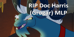 Size: 13313x6614 | Tagged: safe, artist:hyenari6296, edit, edited screencap, screencap, grogar, goat, g4, my little pony: friendship is magic, the beginning of the end, 2024, doc harris, evil smile, in memoriam, open mouth, rest in peace, smiling, solo, tribute