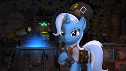 Size: 3840x2160 | Tagged: safe, artist:owlpirate, trixie, pony, unicorn, g4, 3d, 4k, bag, book, cauldron, clothes, female, furrowed brow, gears, hat, high res, hoof hold, horn, indoors, looking at you, mare, saddle bag, smiling, smiling at you, smirk, solo, source filmmaker, steampunk, telescope, top hat, vest