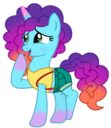 Size: 3470x3972 | Tagged: safe, artist:ejlightning007arts, misty brightdawn, pony, unicorn, g4, g5, clothes, coat markings, crossed legs, crossover, cute, freckles, g5 to g4, generation leap, horn, misty (pokémon), mistybetes, name pun, namesake, open mouth, pokémon, pun, raised hoof, rebirth misty, shirt, shorts, simple background, socks (coat markings), solo, suspender, transparent background, vector, visual pun