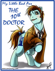 Size: 2153x2786 | Tagged: safe, artist:amelie-ami-chan, part of a set, earth pony, pony, series:my little bad ass, g3, 2011, clothes, david tennant, doctor who, jacket, looking at you, male, necktie, not doctor whooves, part of a series, raised hoof, signature, simple background, stallion, tenth doctor, white background