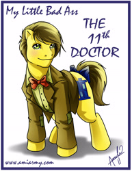 Size: 2153x2786 | Tagged: safe, artist:amelie-ami-chan, part of a set, earth pony, pony, series:my little bad ass, g3, 2011, bow, bowtie, clothes, doctor who, eleventh doctor, jacket, looking at you, male, necktie, part of a series, ponified, signature, simple background, stallion, tail, tail bow, white background